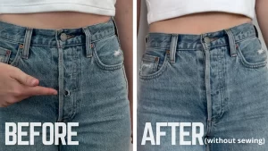 Before and after repairing a hole in jeans using Speed-Sew fabric glue