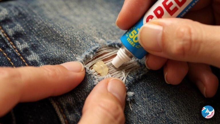 A perfectly repaired hem on a pair of dark grey dress trousers hanging neatly in a closet.