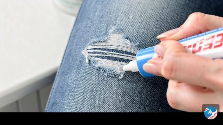 A person's hands folding a neatly repaired denim jacket in a bright, clean laundry room, demonstrating that fabric glue can last in the wash.