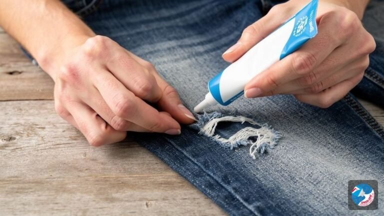 A person using Speed-Sew fabric glue to apply a decorative patch to a pair of denim jeans on a wooden craft table.