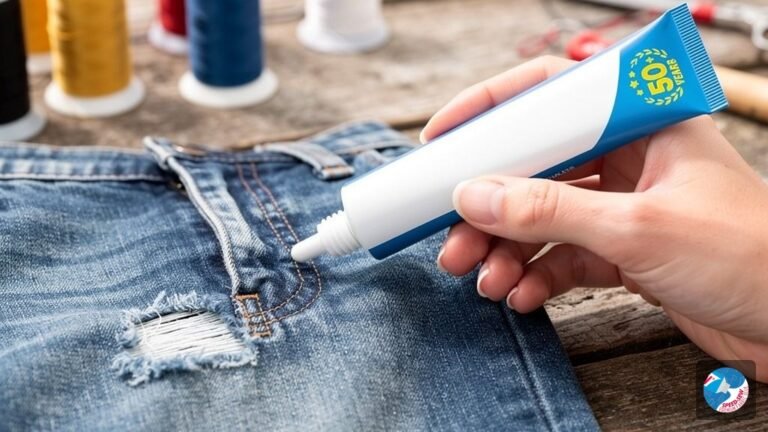 A crafter's hands applying a denim patch to jeans using fabric glue in a bright, well-lit workspace.